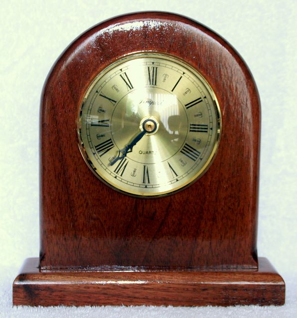 hand made Mantle clock made from Walnut, Biased rim and face 9cm insert quartz clock with roman numerals